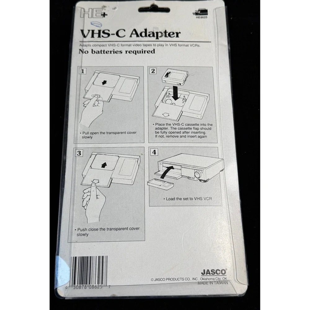 Jasco HE+ VHS-C Adapter Cassette: for VHS VCR Playback HE8625, NEW Sealed